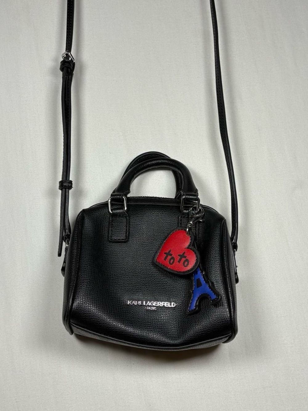 Karl Lagerfeld Black Leather Crossbody Satchel with Heart & Eiffel Charms